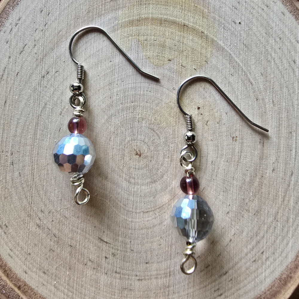 Faceted glass and purple iridescent dangle earrings - $5.00 - Moon Cabin Creations