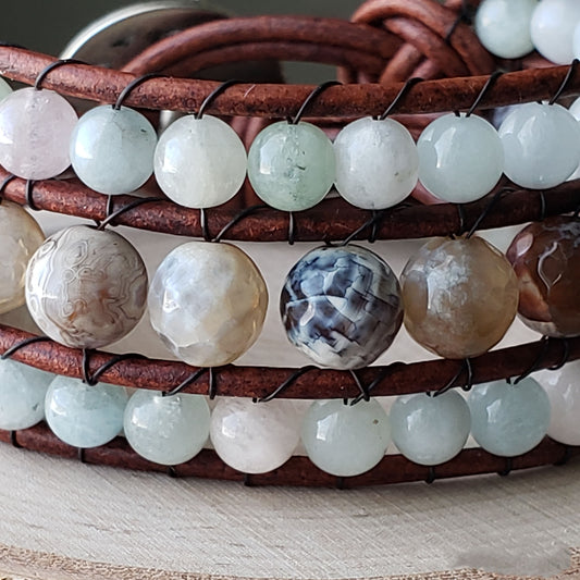 Fire agate and morganite leather cuff bracelet - $50.00 - Moon Cabin Creations