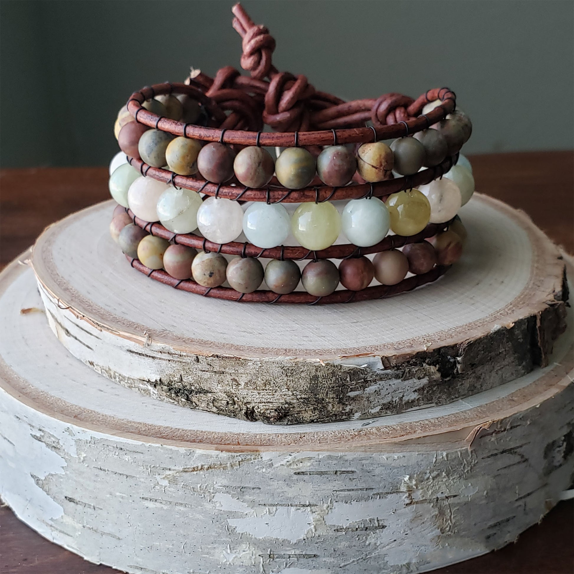 Morganite and Chinese rainbow jasper leather cuff bracelet - $50.00 - Moon Cabin Creations