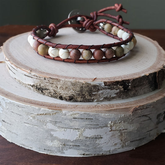Leather single wrap bracelet Chinese Rainbow Jasper dyed white howlite - $25.00 - Moon Cabin Creations