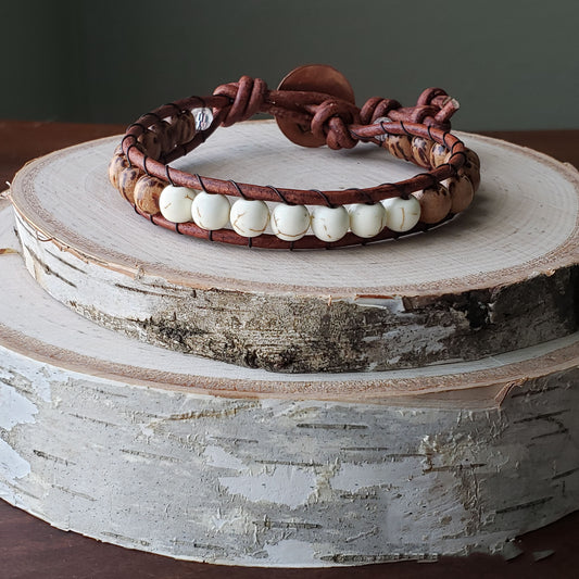 Wood & dyed white howlite single wrap leather bracelet - $25.00 - Moon Cabin Creations