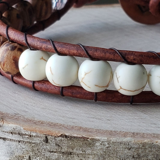 Wood & dyed white howlite single wrap leather bracelet - $25.00 - Moon Cabin Creations