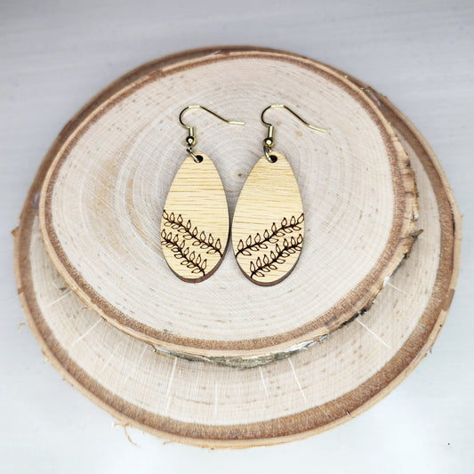 Red oak hardwood elongated teardrop vine engraved dangle earrings - $20.00 - Moon Cabin Creations