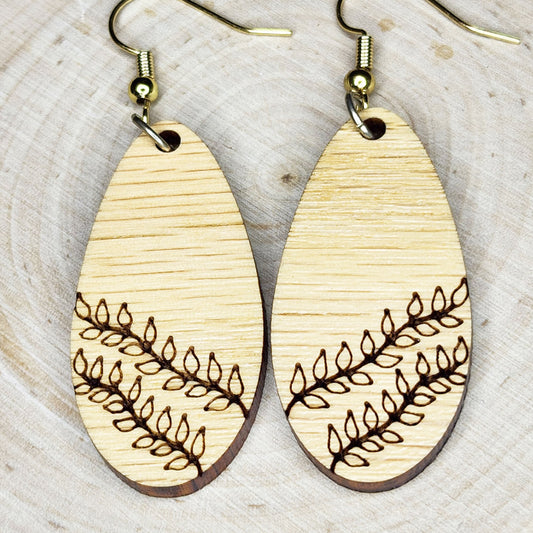 Red oak hardwood elongated teardrop vine engraved dangle earrings - $20.00 - Moon Cabin Creations