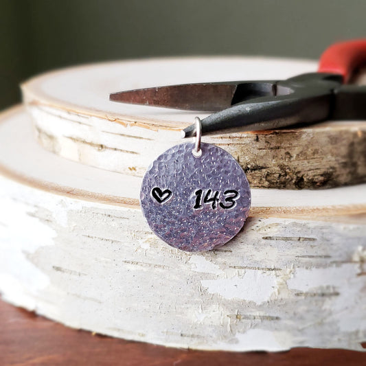 Hand-stamped "143" round aluminum pendant - $5.00 - Moon Cabin Creations