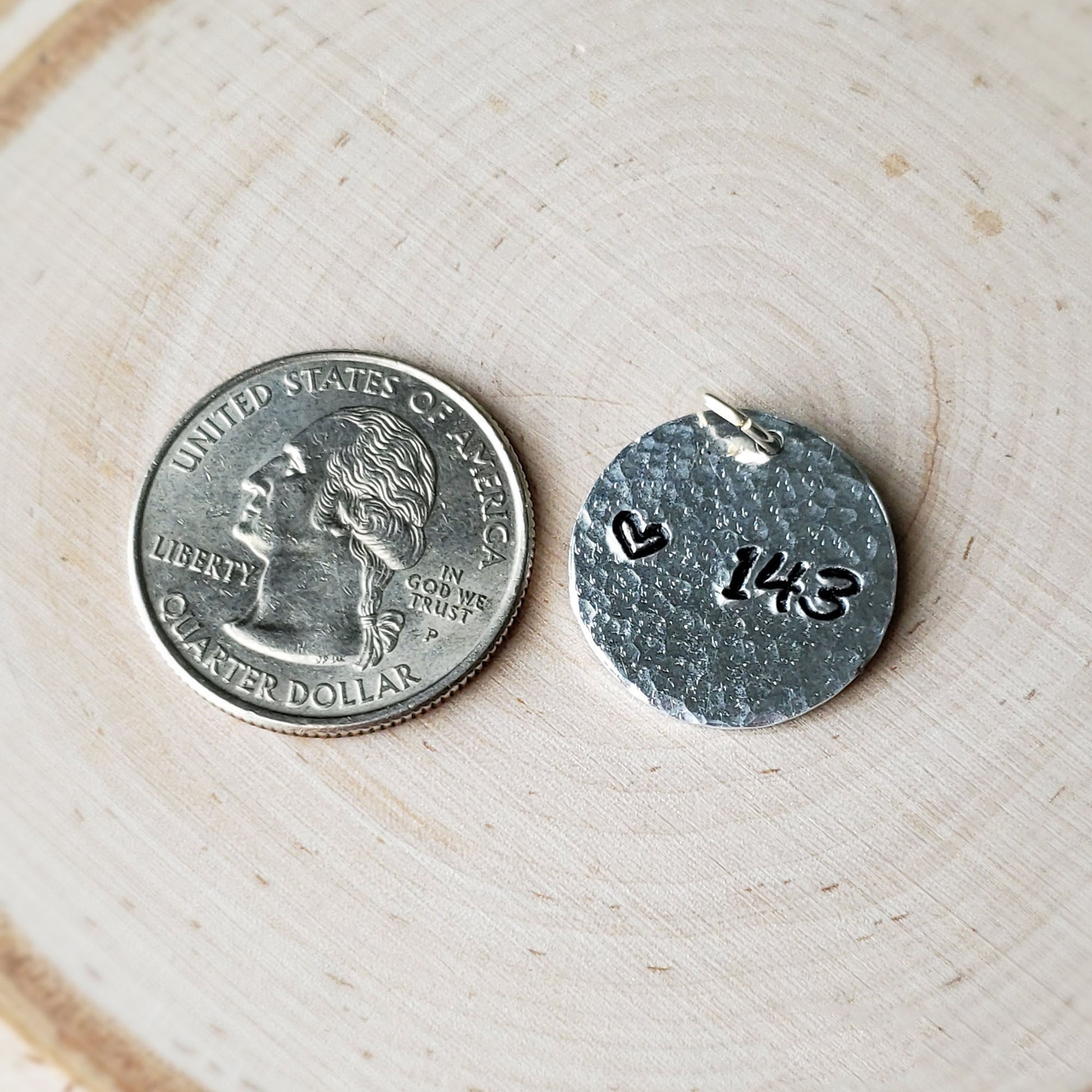 Hand-stamped "143" round aluminum pendant - $5.00 - Moon Cabin Creations