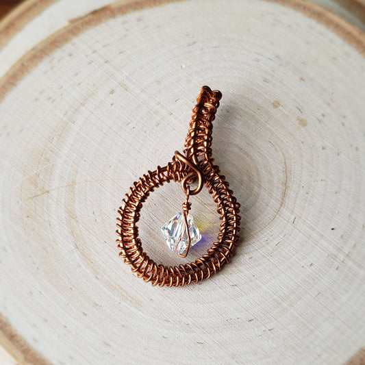 Round copper pendant with clear Swarovski crystal accent bead - $25.00 - Moon Cabin Creations