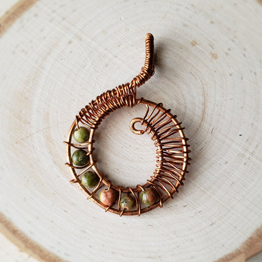 Copper and unakite wire wrapped pendant - $25.00 - Moon Cabin Creations