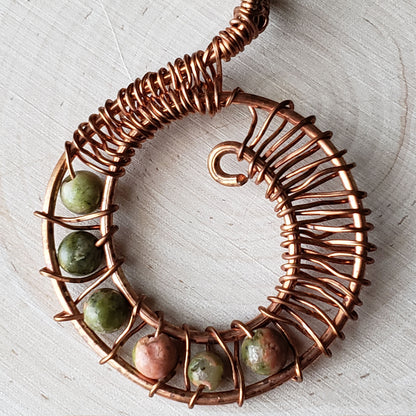 Copper and unakite wire wrapped pendant - $25.00 - Moon Cabin Creations