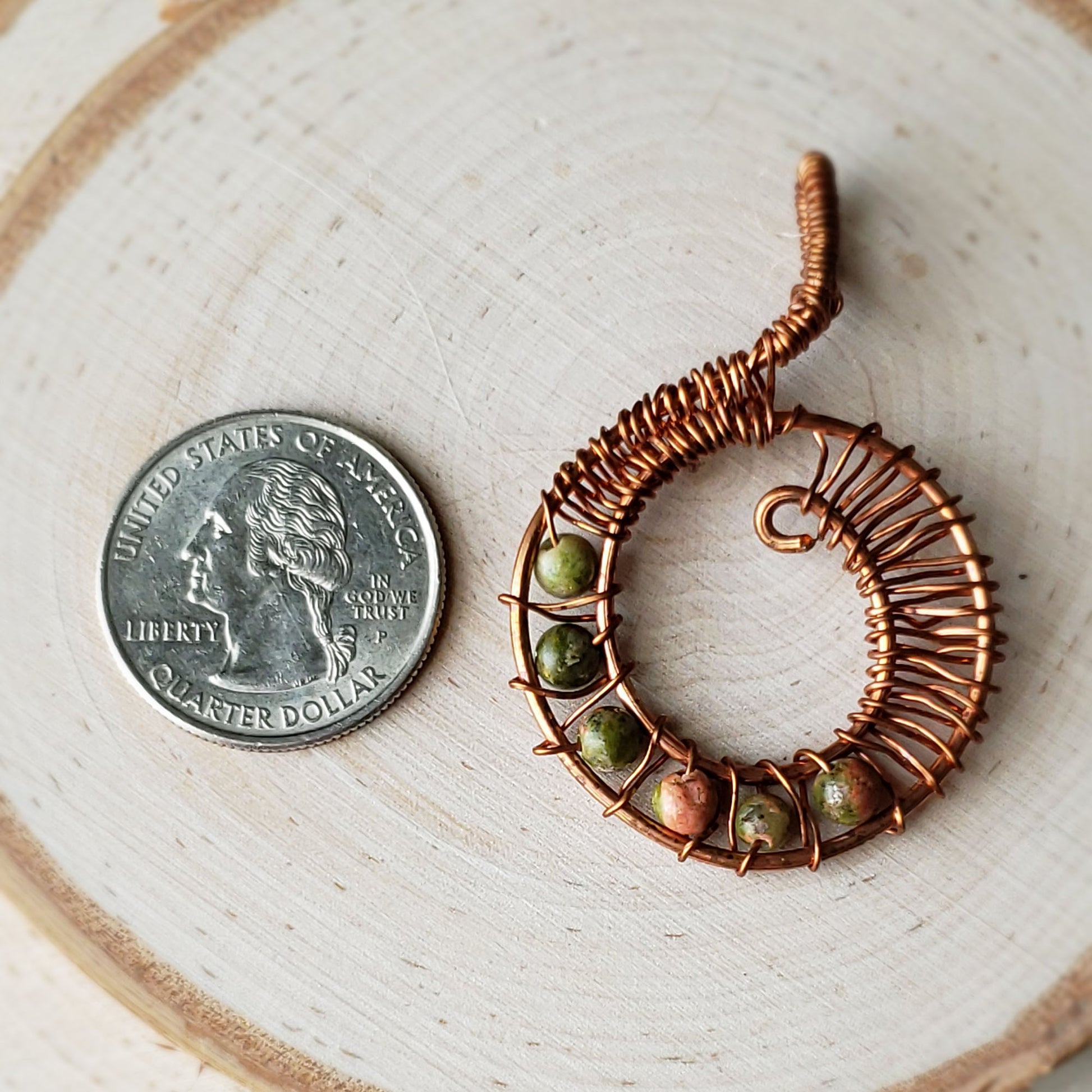 Copper and unakite wire wrapped pendant - $25.00 - Moon Cabin Creations